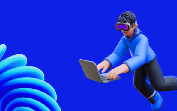 Illustration — Two people working on laptops outdoors at night, surrounded by a mystical mountainous landscape illuminated by the moonlight